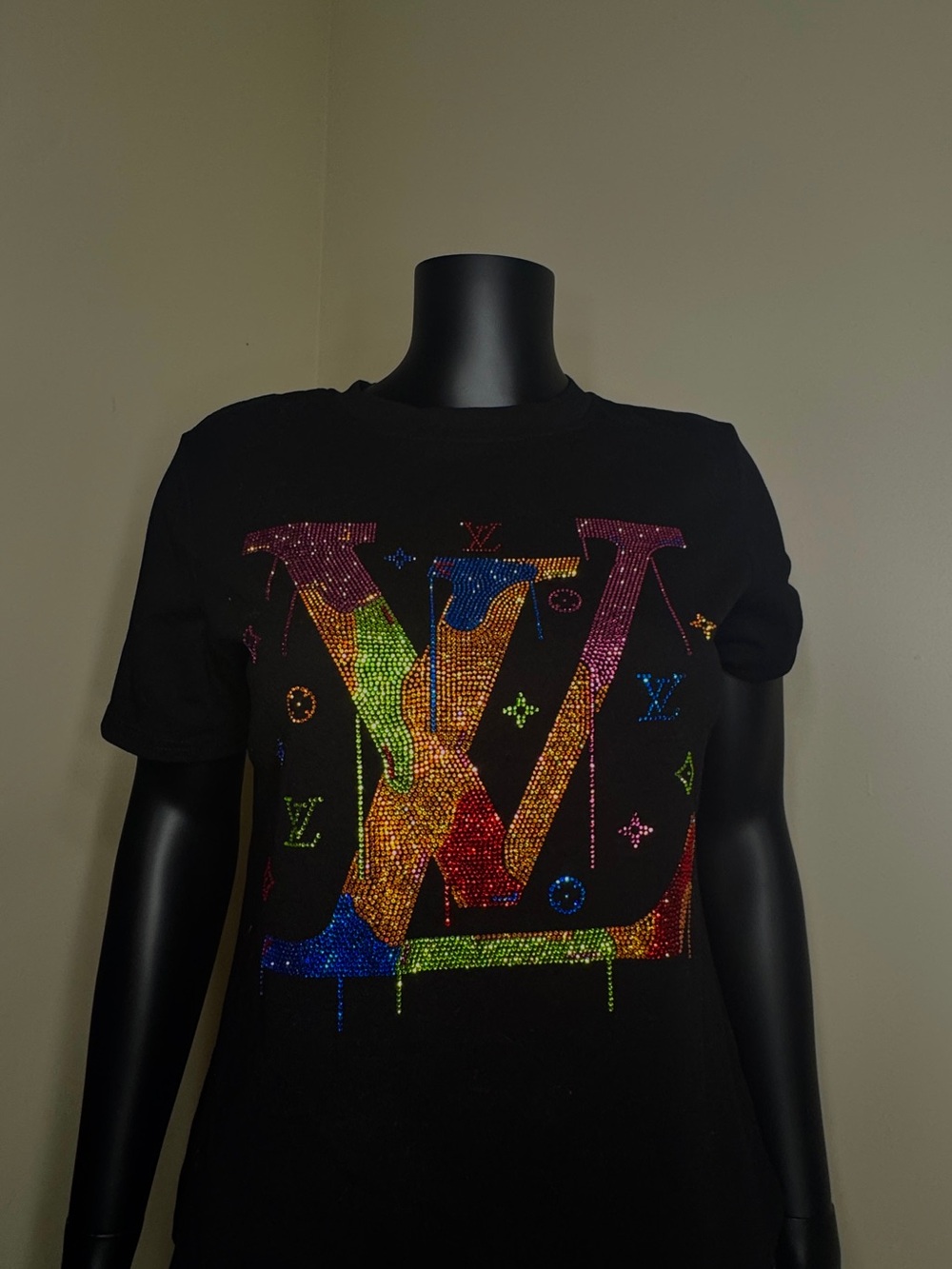 Black Short Sleeve Tee with Rainbow Crystal